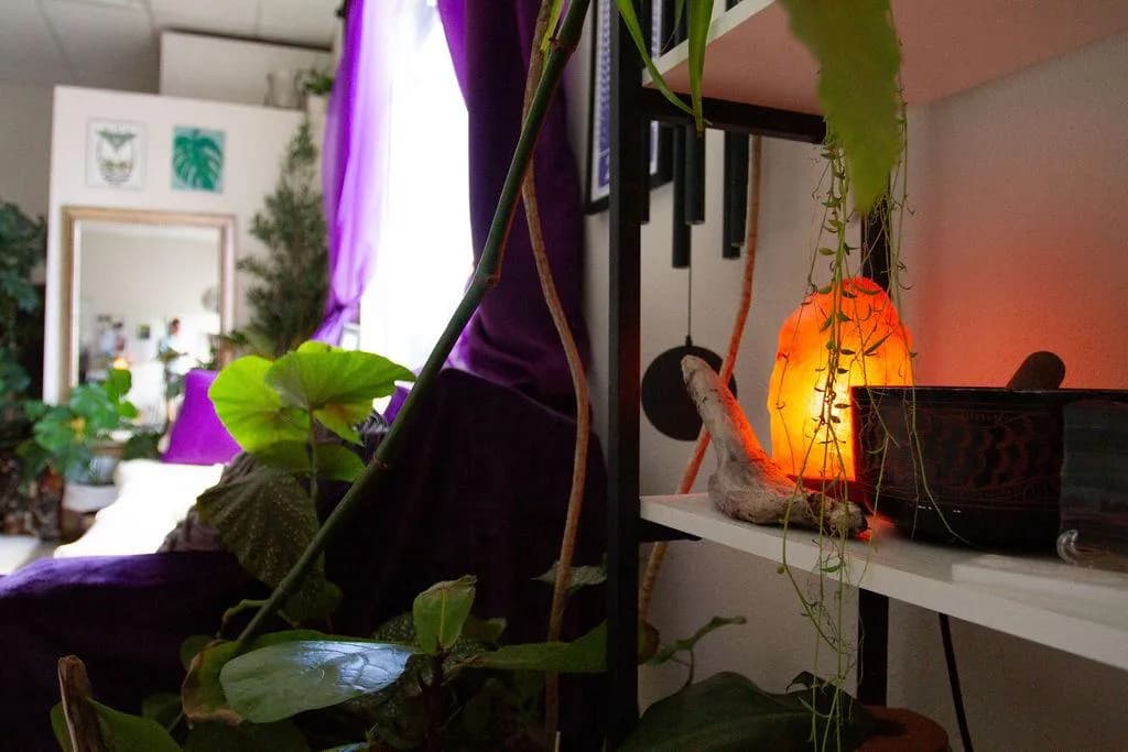 Cozy corner of the sanctuary with plants, a salt lamp, and gong