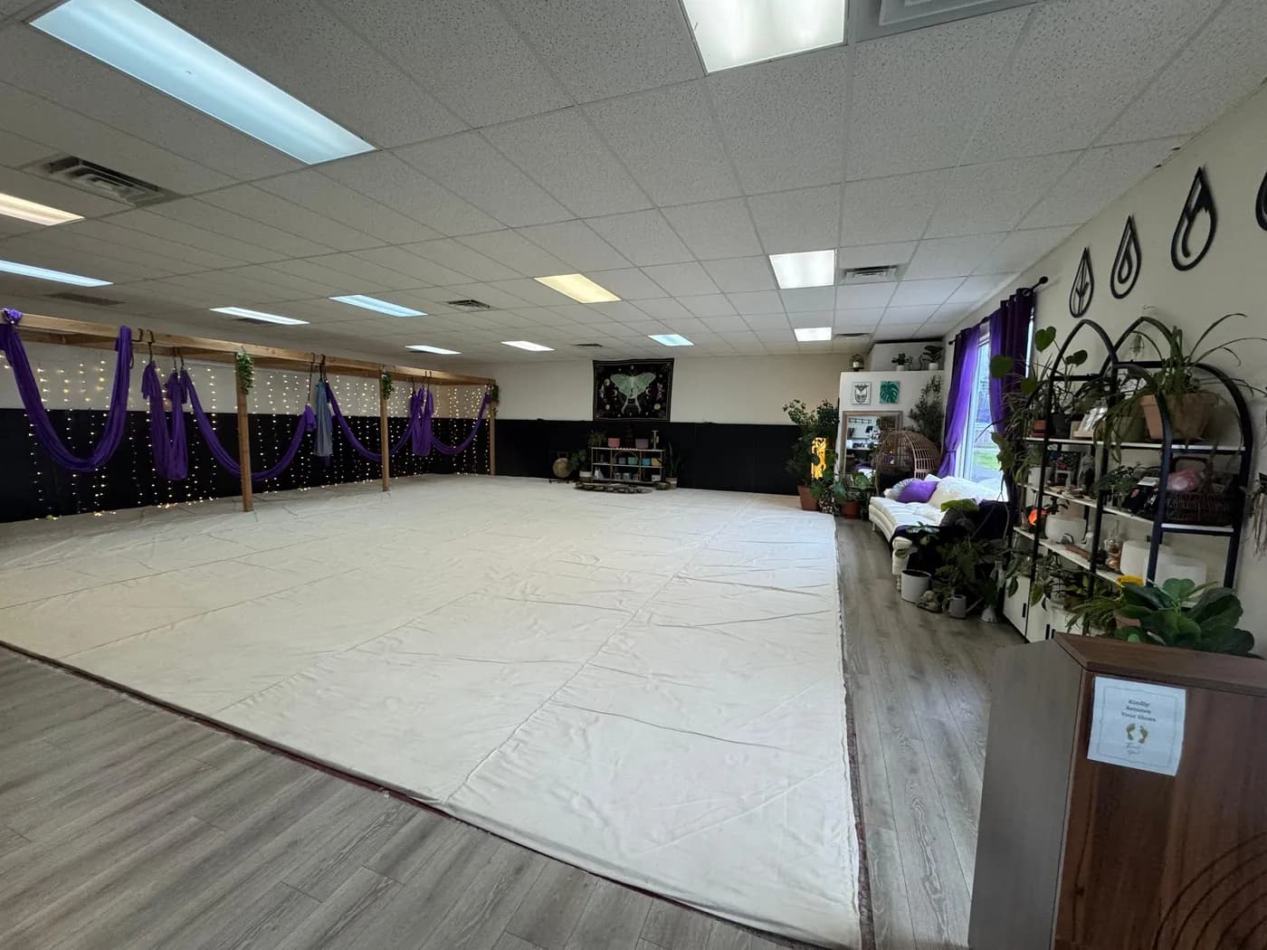 The Luna Alchemy studio with purple silk hammocks and fairy lights