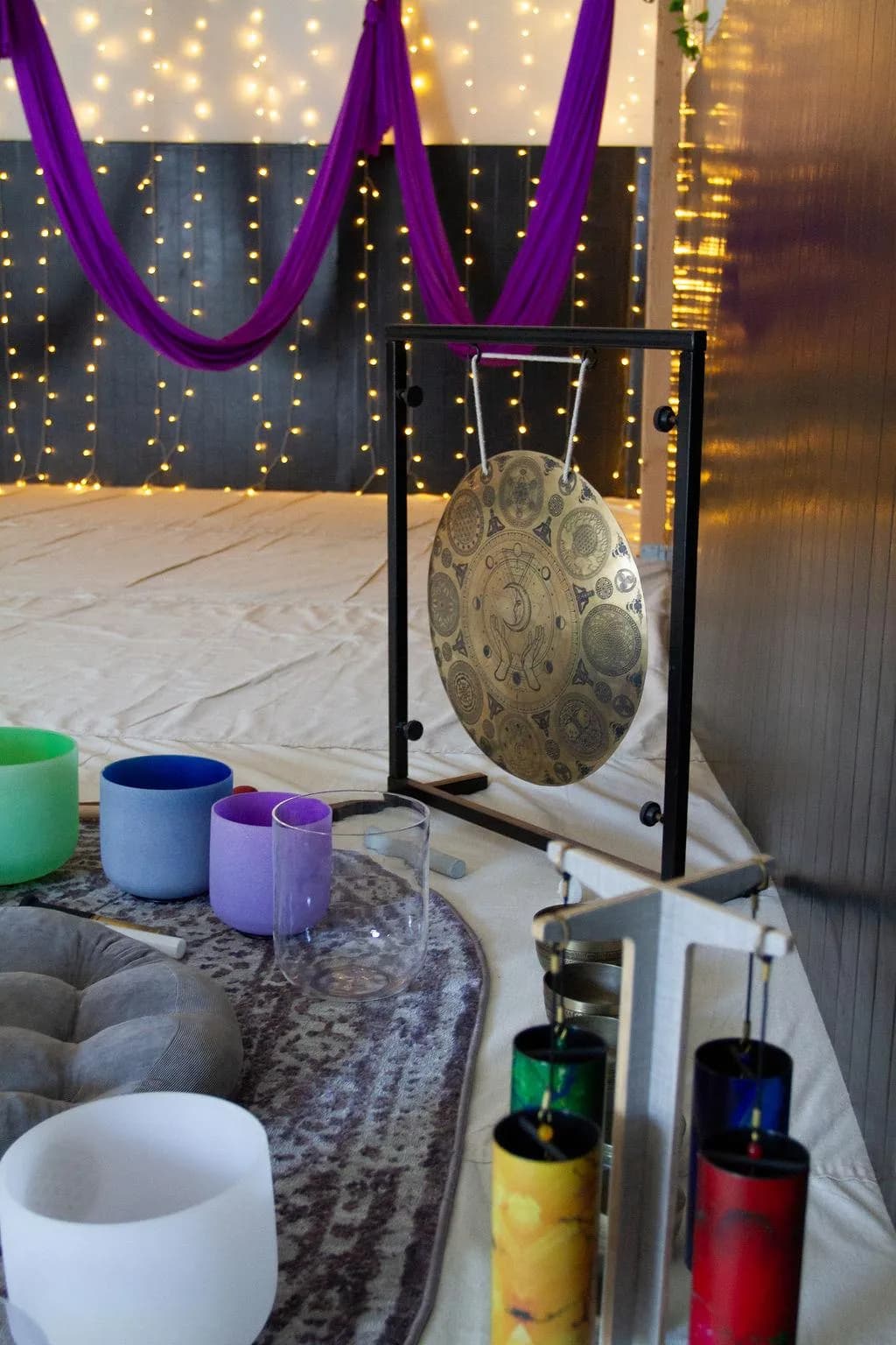 Gong and crystal bowls set for a sound bath